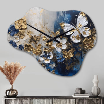 Golden Blue Butterfly Wings And Flowers I - Asymmetric Metal Wall Clock